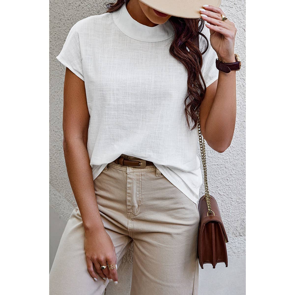 Mock Neck Solid Short Sleeves Fit Blouse - MVTFASHION.COM