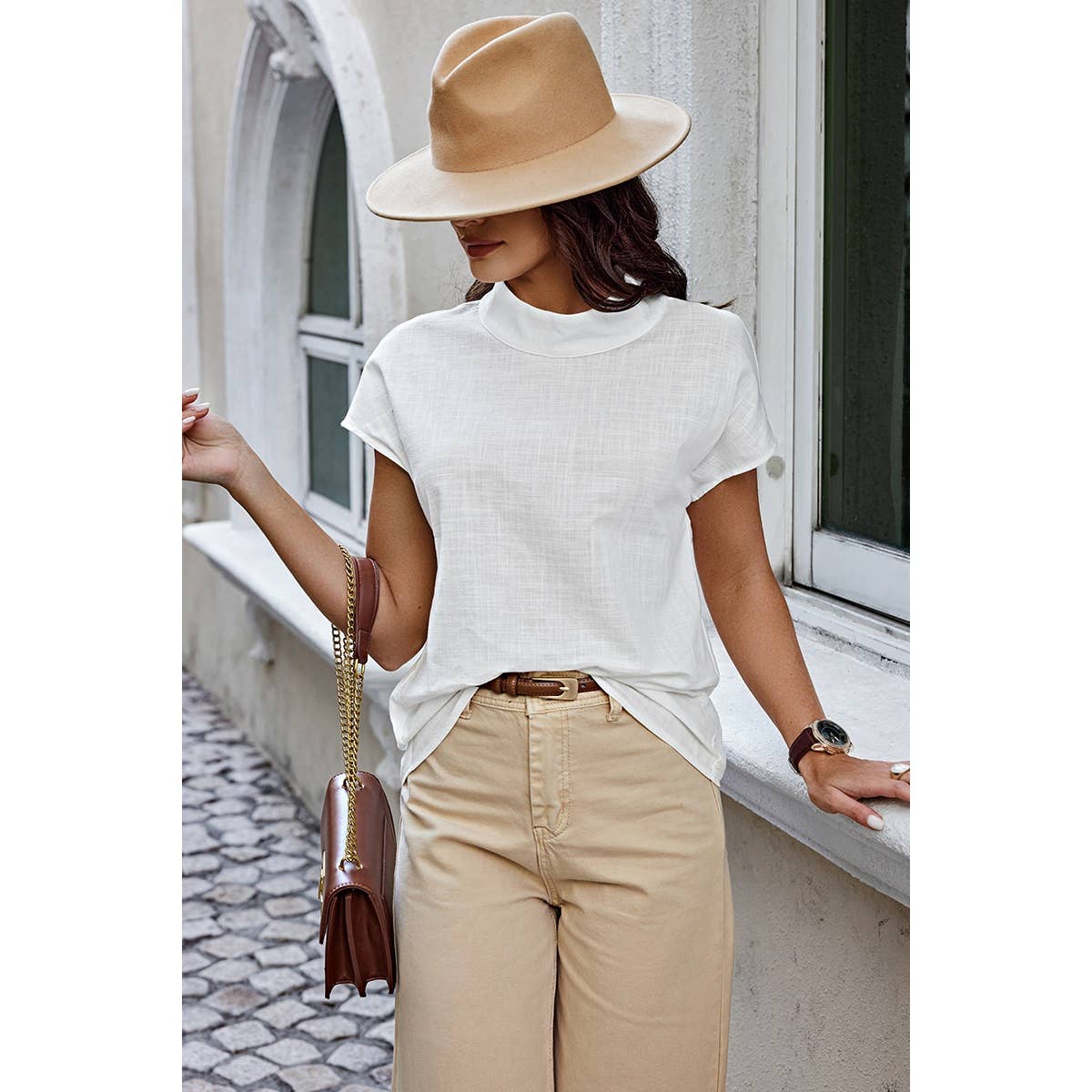 Mock Neck Solid Short Sleeves Fit Blouse - MVTFASHION.COM