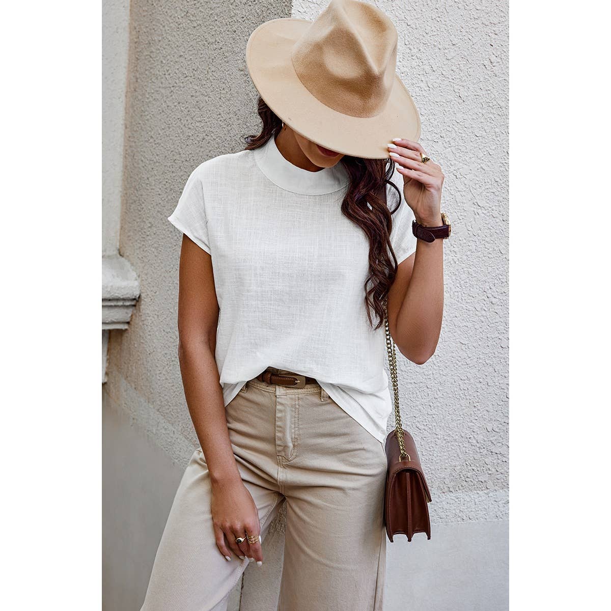 Mock Neck Solid Short Sleeves Fit Blouse - MVTFASHION.COM