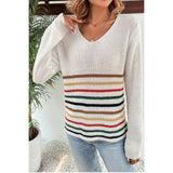 Multicolor Striped Pattern V Neck Knitted Sweater - MVTFASHION.COM