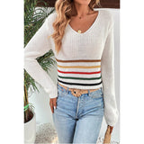 Multicolor Striped Pattern V Neck Knitted Sweater - MVTFASHION.COM