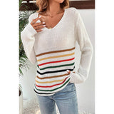 Multicolor Striped Pattern V Neck Knitted Sweater - MVTFASHION.COM