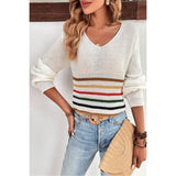 Multicolor Striped Pattern V Neck Knitted Sweater - MVTFASHION.COM