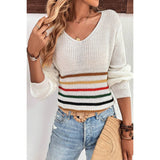 Multicolor Striped Pattern V Neck Knitted Sweater - MVTFASHION.COM