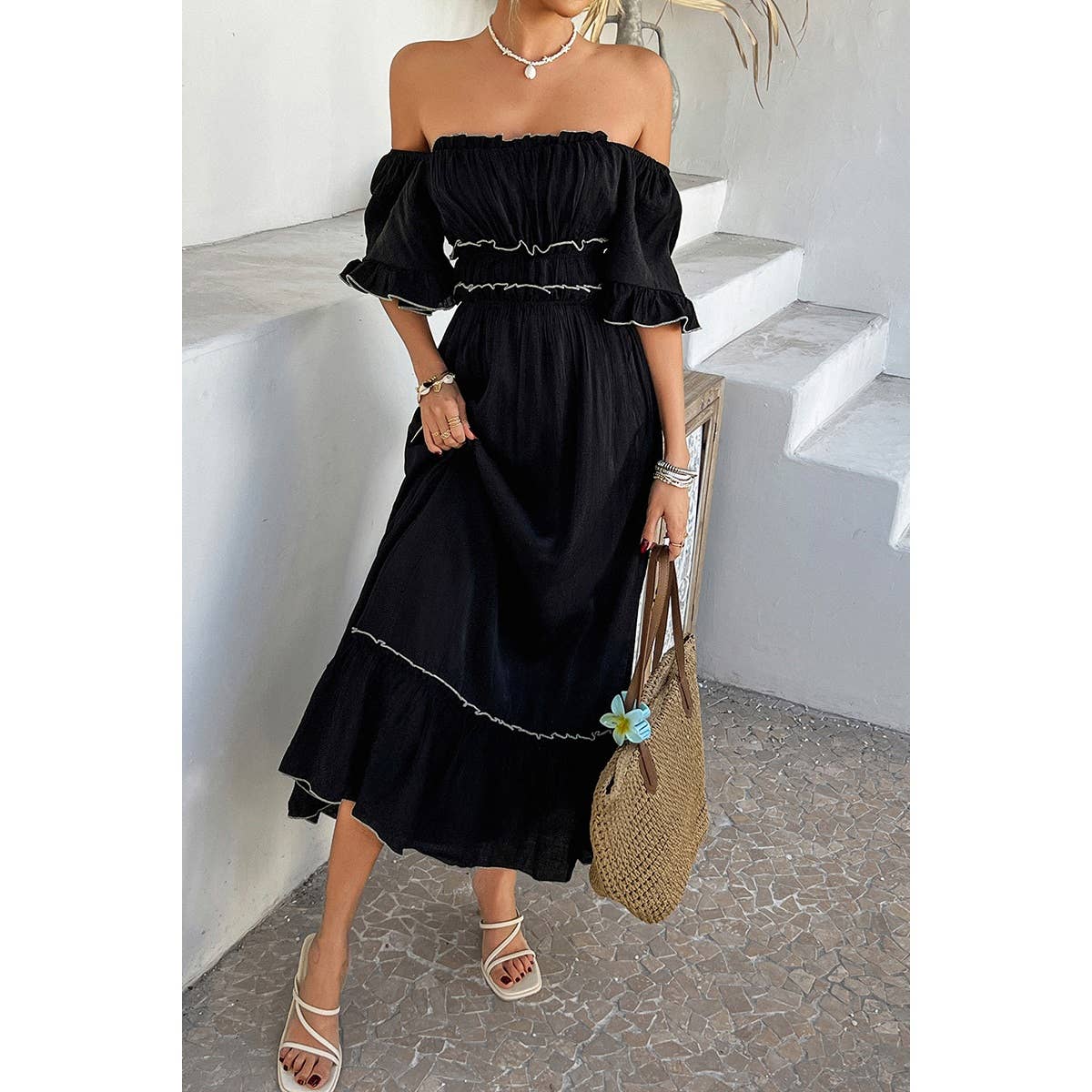 Off Shoulder Bodycon Backless Ruffle Trim Dress - MVTFASHION.COM
