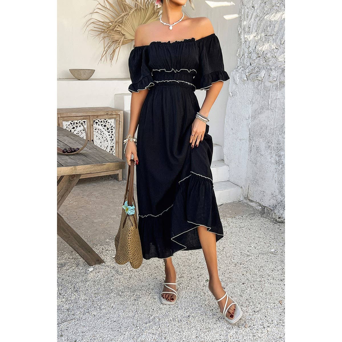 Off Shoulder Bodycon Backless Ruffle Trim Dress - MVTFASHION.COM