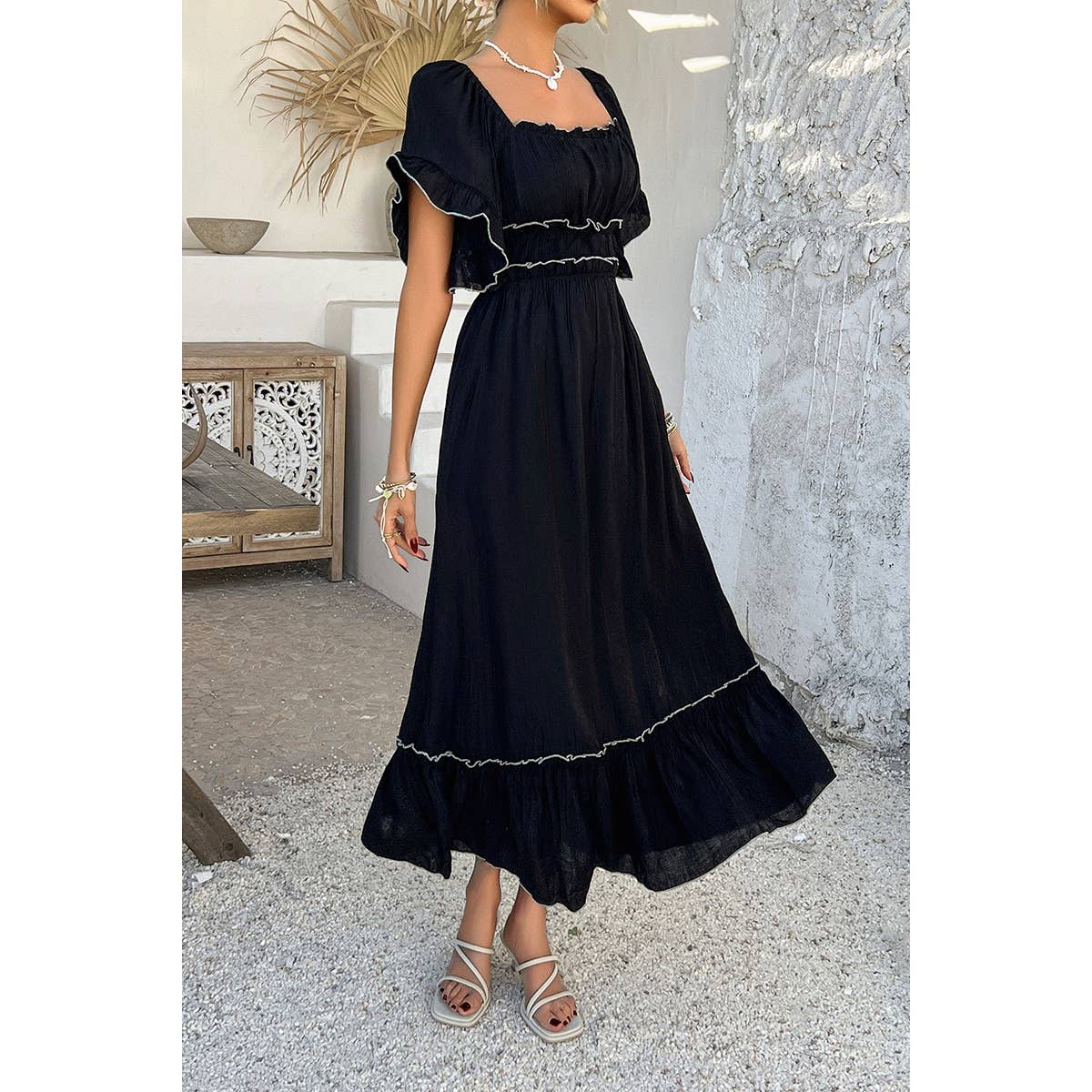 Off Shoulder Bodycon Backless Ruffle Trim Dress - MVTFASHION.COM