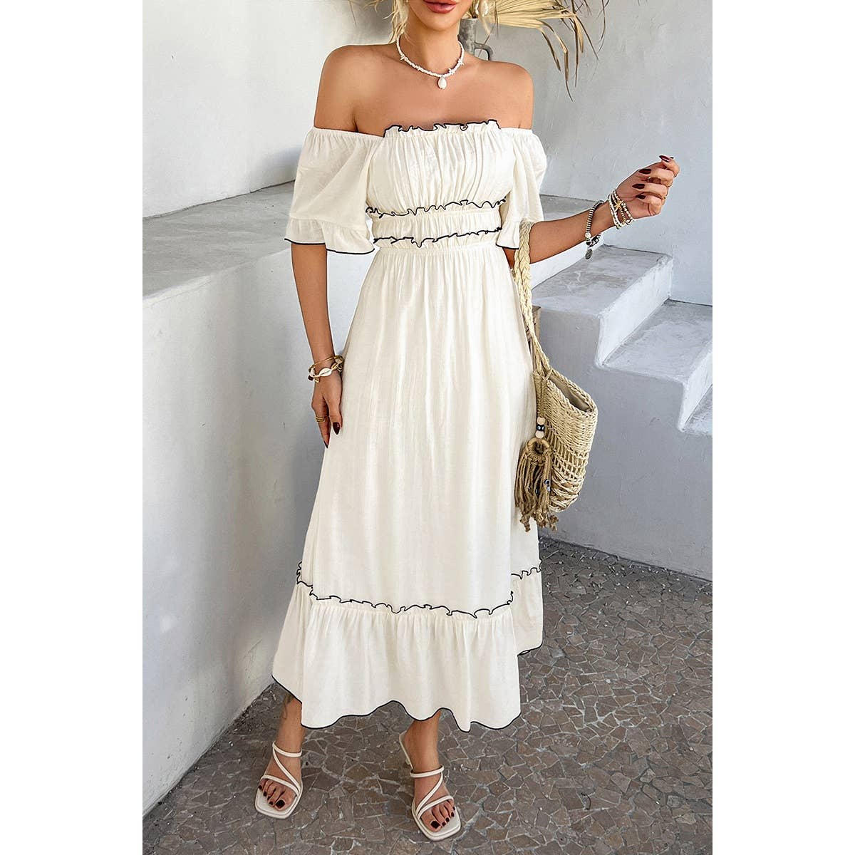 Off Shoulder Bodycon Backless Ruffle Trim Dress - MVTFASHION.COM