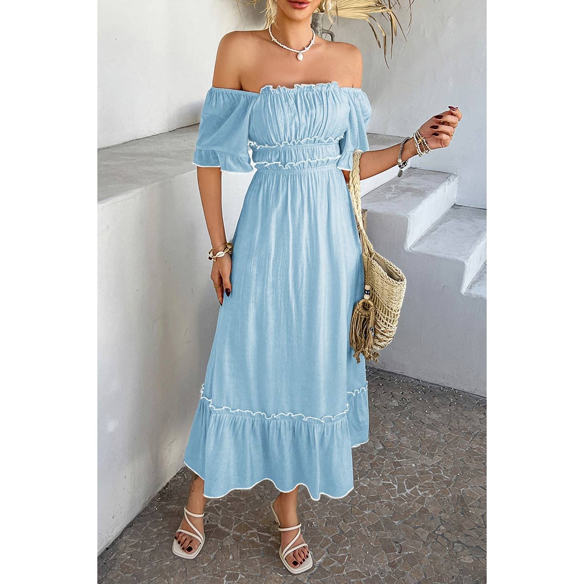 Off Shoulder Bodycon Backless Ruffle Trim Dress - MVTFASHION.COM