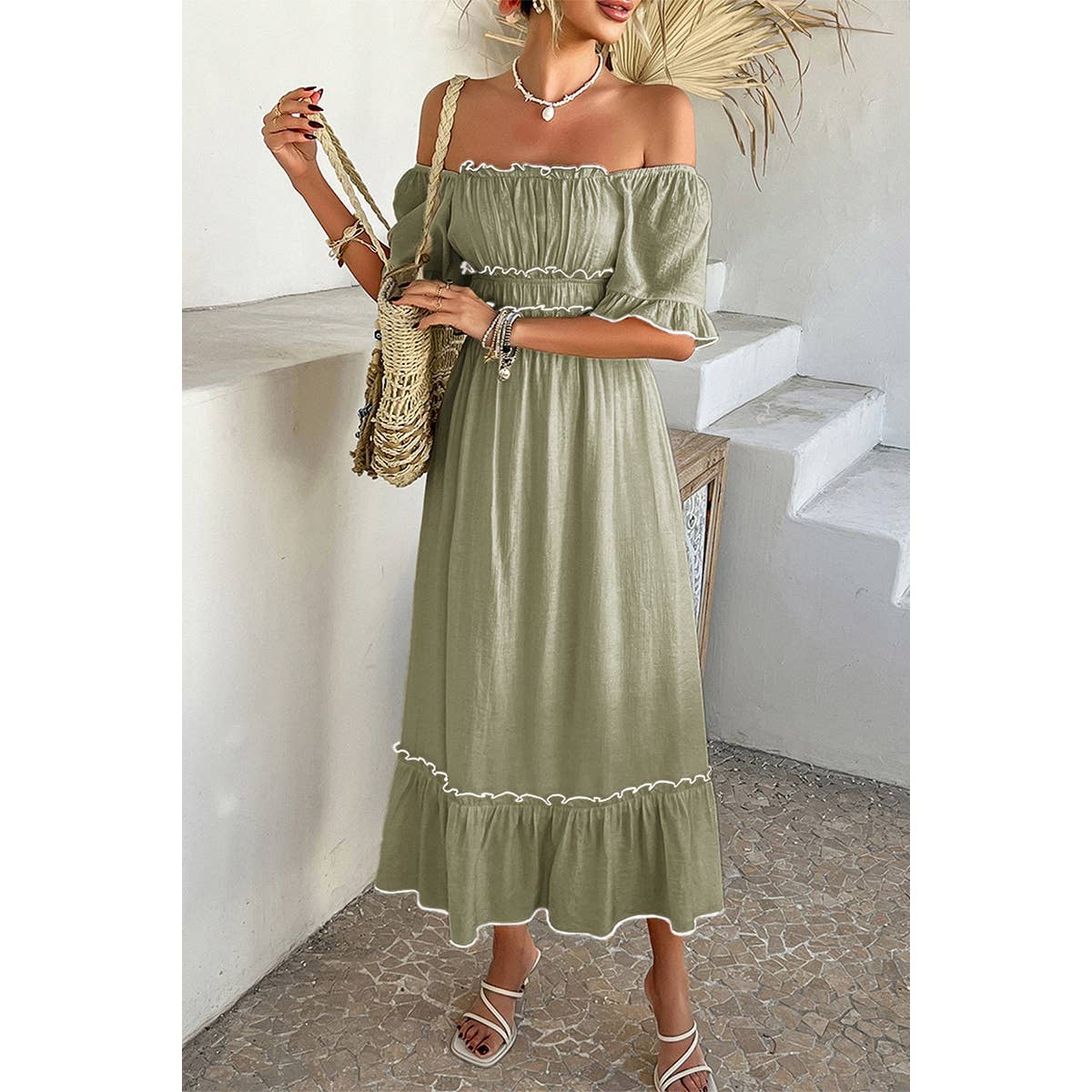 Off Shoulder Bodycon Backless Ruffle Trim Dress - MVTFASHION.COM