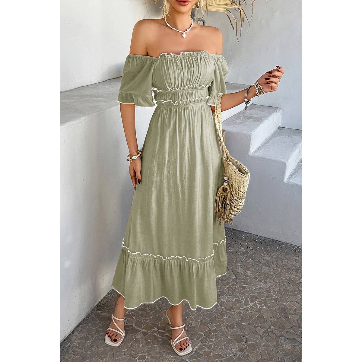 Off Shoulder Bodycon Backless Ruffle Trim Dress - MVTFASHION.COM