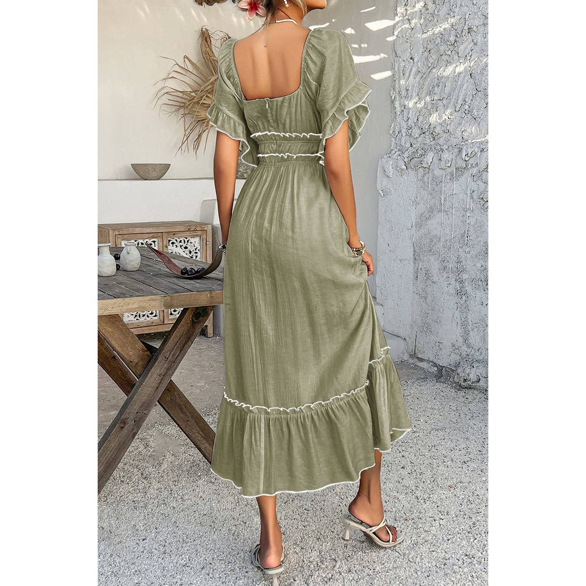 Off Shoulder Bodycon Backless Ruffle Trim Dress - MVTFASHION.COM