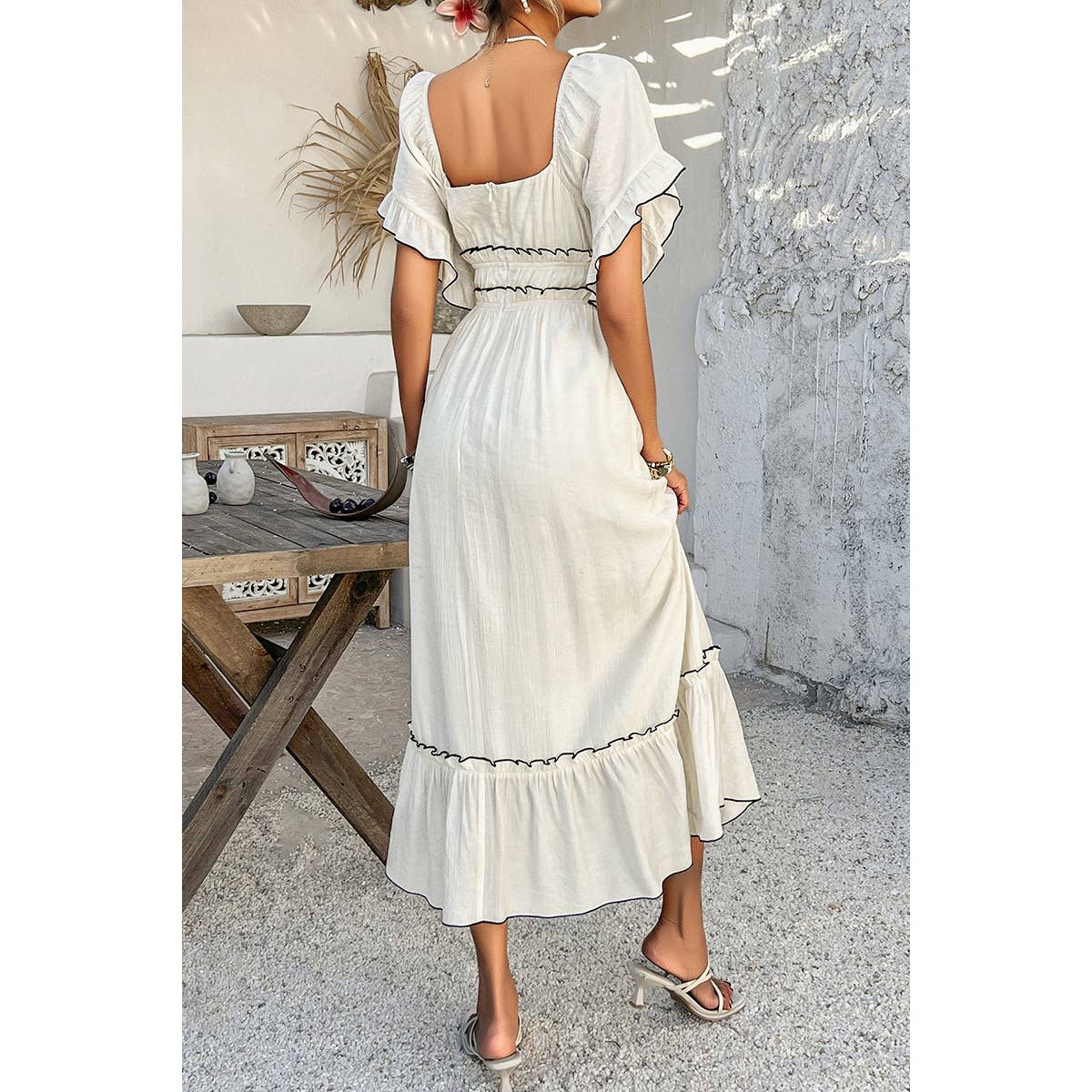 Off Shoulder Bodycon Backless Ruffle Trim Dress - MVTFASHION.COM