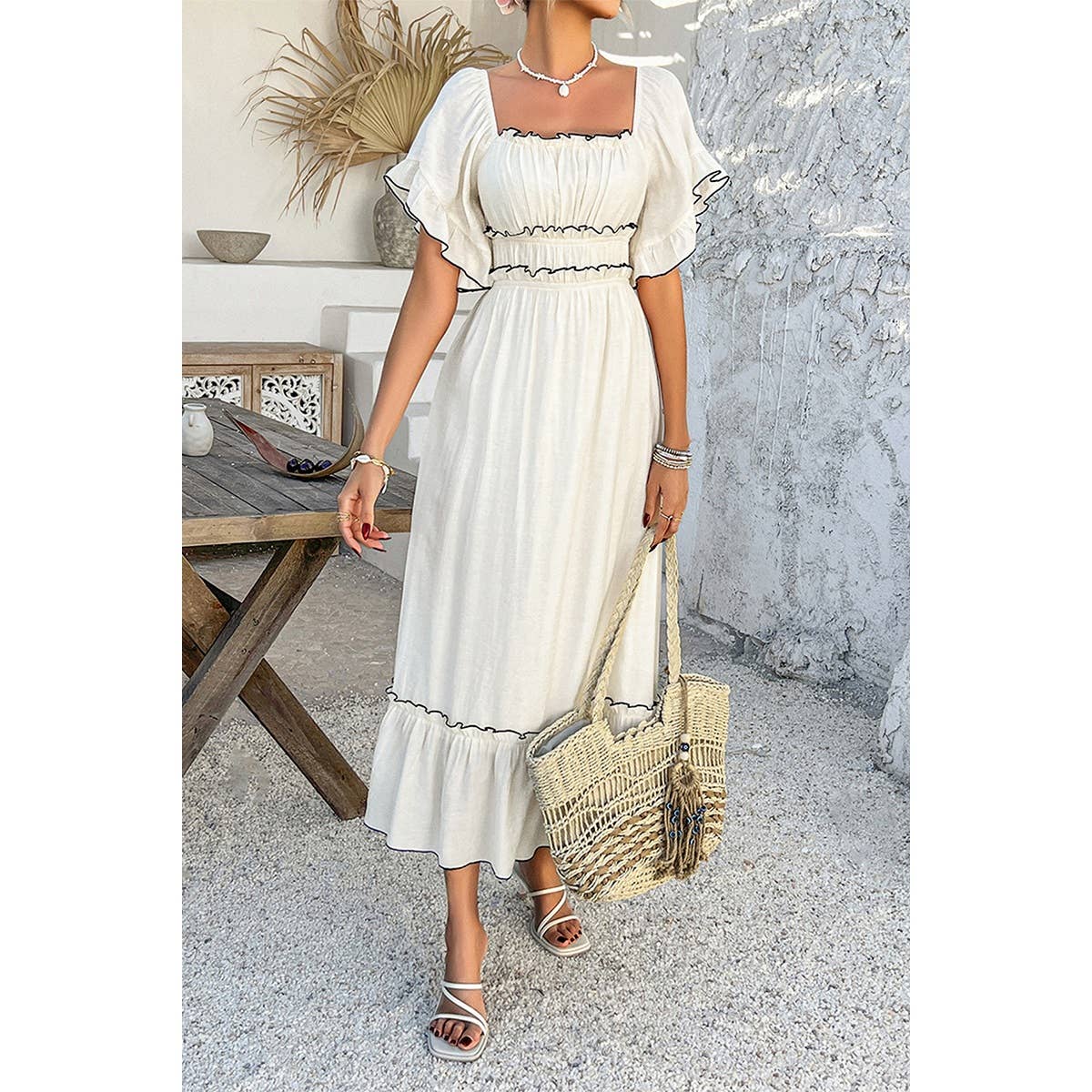 Off Shoulder Bodycon Backless Ruffle Trim Dress - MVTFASHION.COM