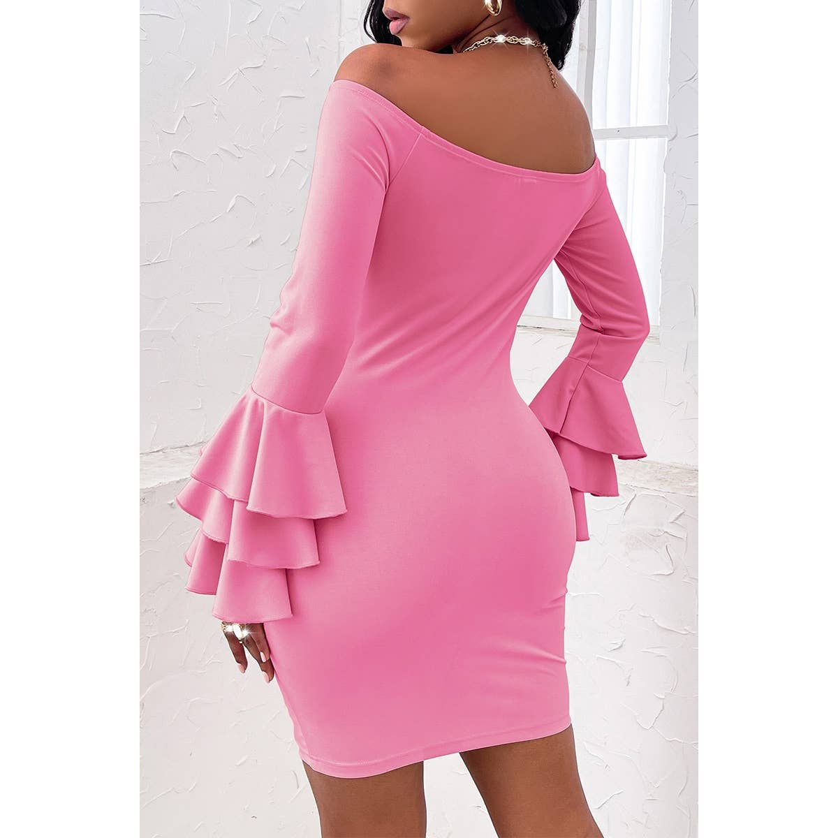 Off Shoulder Bodycon Ruffle Solid Mini Dress - MVTFASHION.COM