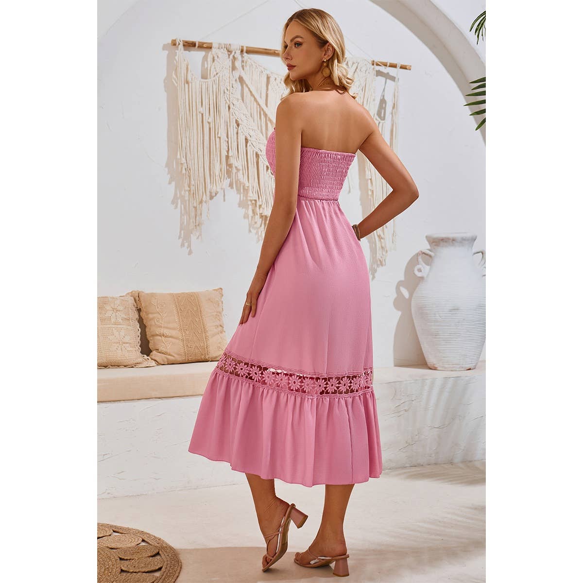 Off Shoulder Button Trim Knot Ruffle Lace Dress - MVTFASHION.COM