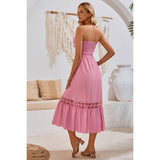 Off Shoulder Button Trim Knot Ruffle Lace Dress - MVTFASHION.COM