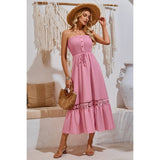 Off Shoulder Button Trim Knot Ruffle Lace Dress - MVTFASHION.COM