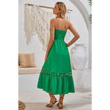 Off Shoulder Button Trim Knot Ruffle Lace Dress - MVTFASHION.COM