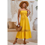 Off Shoulder Button Trim Knot Ruffle Lace Dress - MVTFASHION.COM