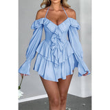 Off Shoulder Corset Ruffle Halter Mini Dress - MVTFASHION.COM