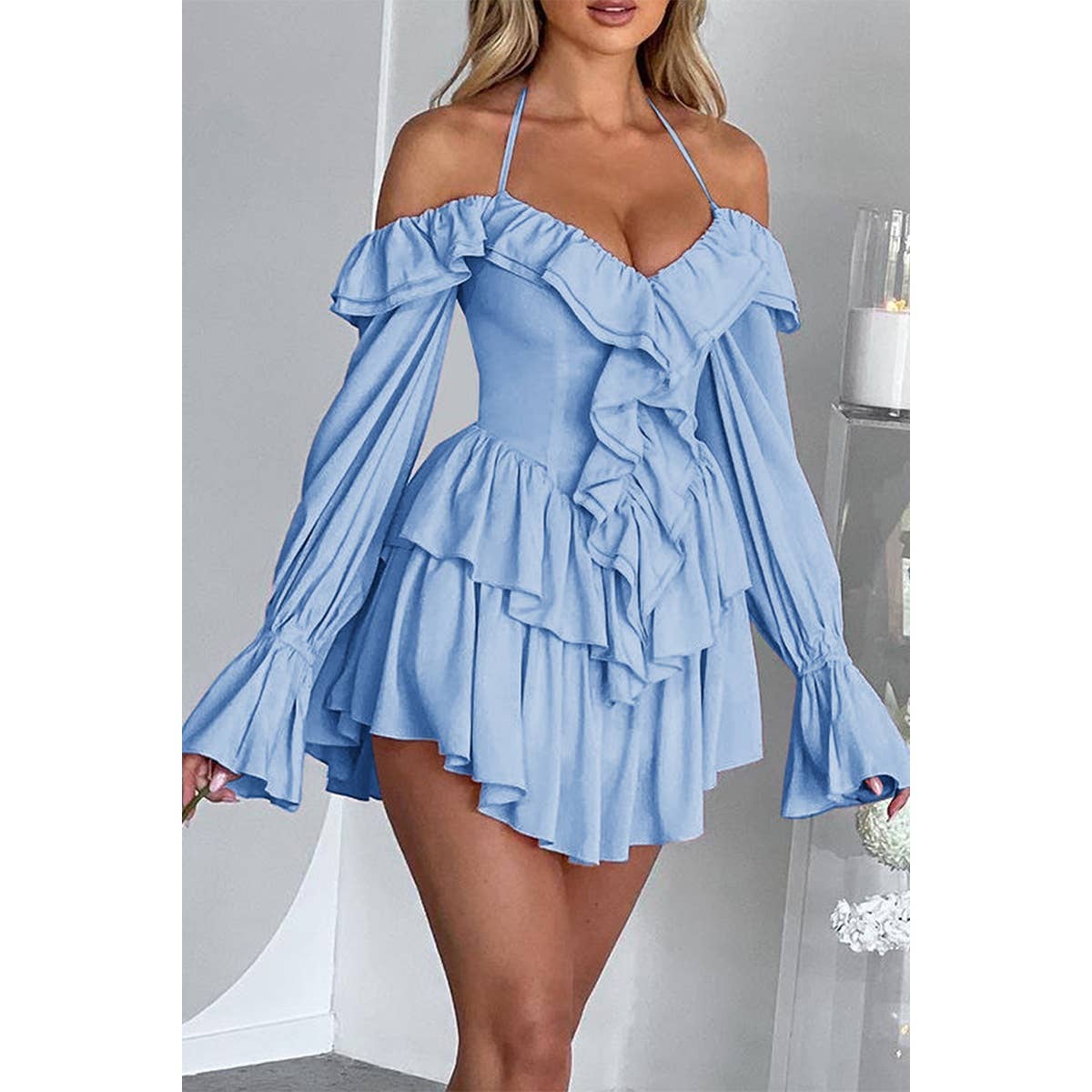 Off Shoulder Corset Ruffle Halter Mini Dress - MVTFASHION.COM