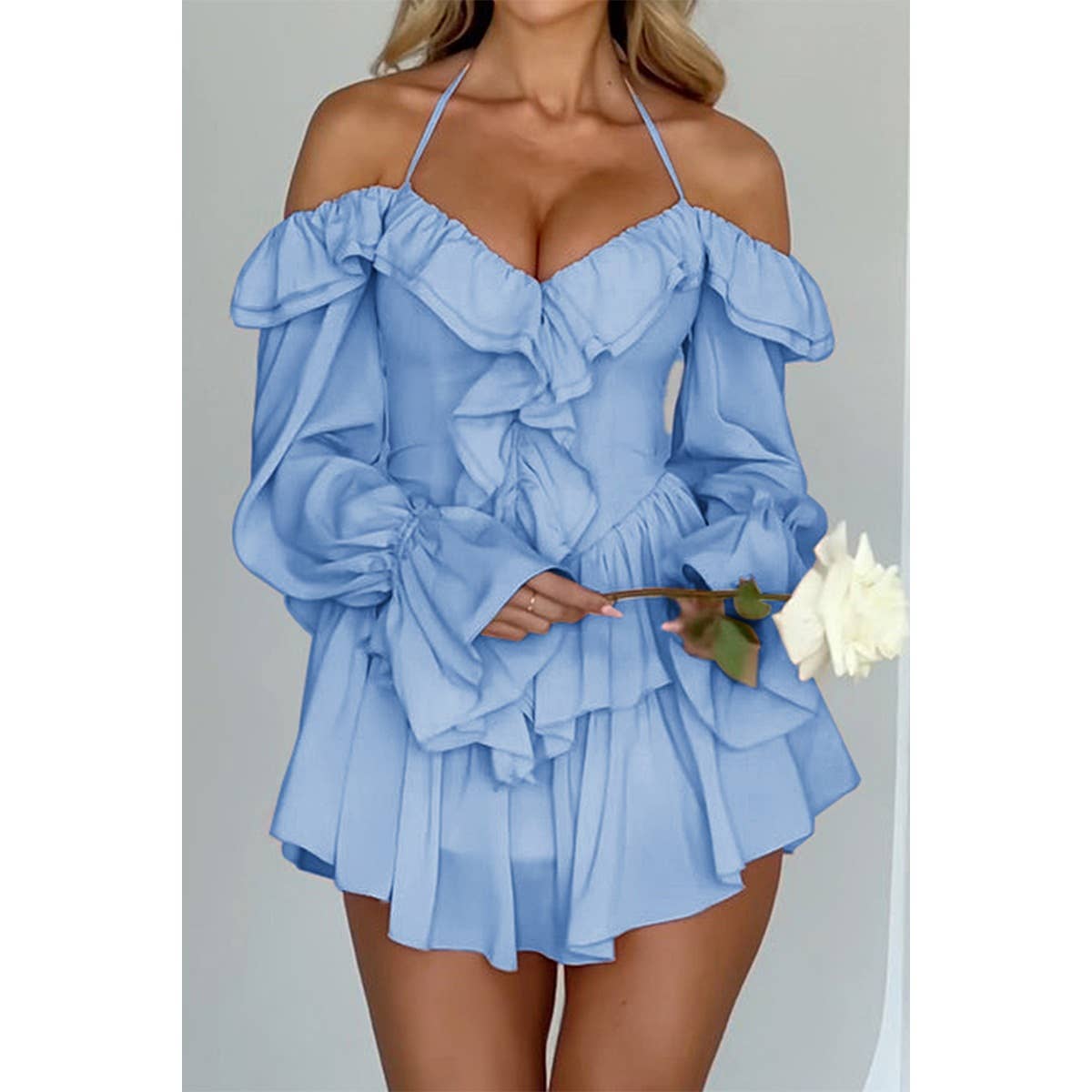 Off Shoulder Corset Ruffle Halter Mini Dress - MVTFASHION.COM