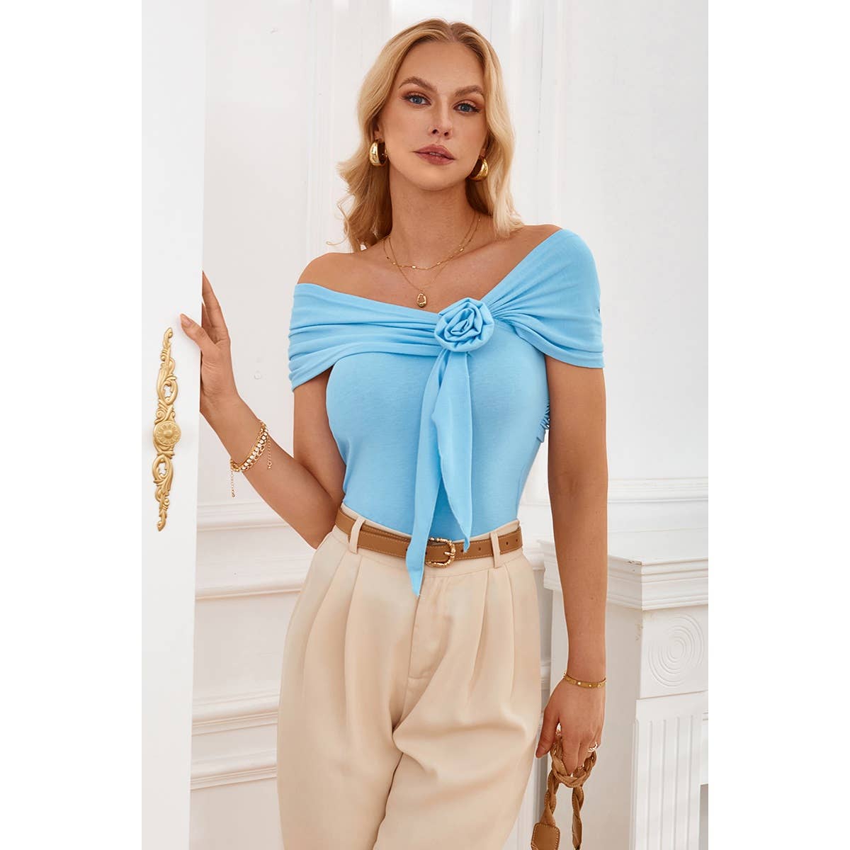 Off Shoulder Flower Trim Wrap Fit Top - MVTFASHION.COM