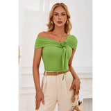 Off Shoulder Flower Trim Wrap Fit Top - MVTFASHION.COM