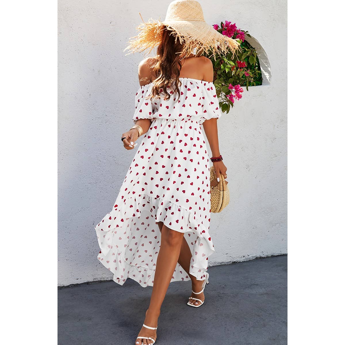 Off Shoulder Heart Print Ruffle Hem Dress - MVTFASHION.COM