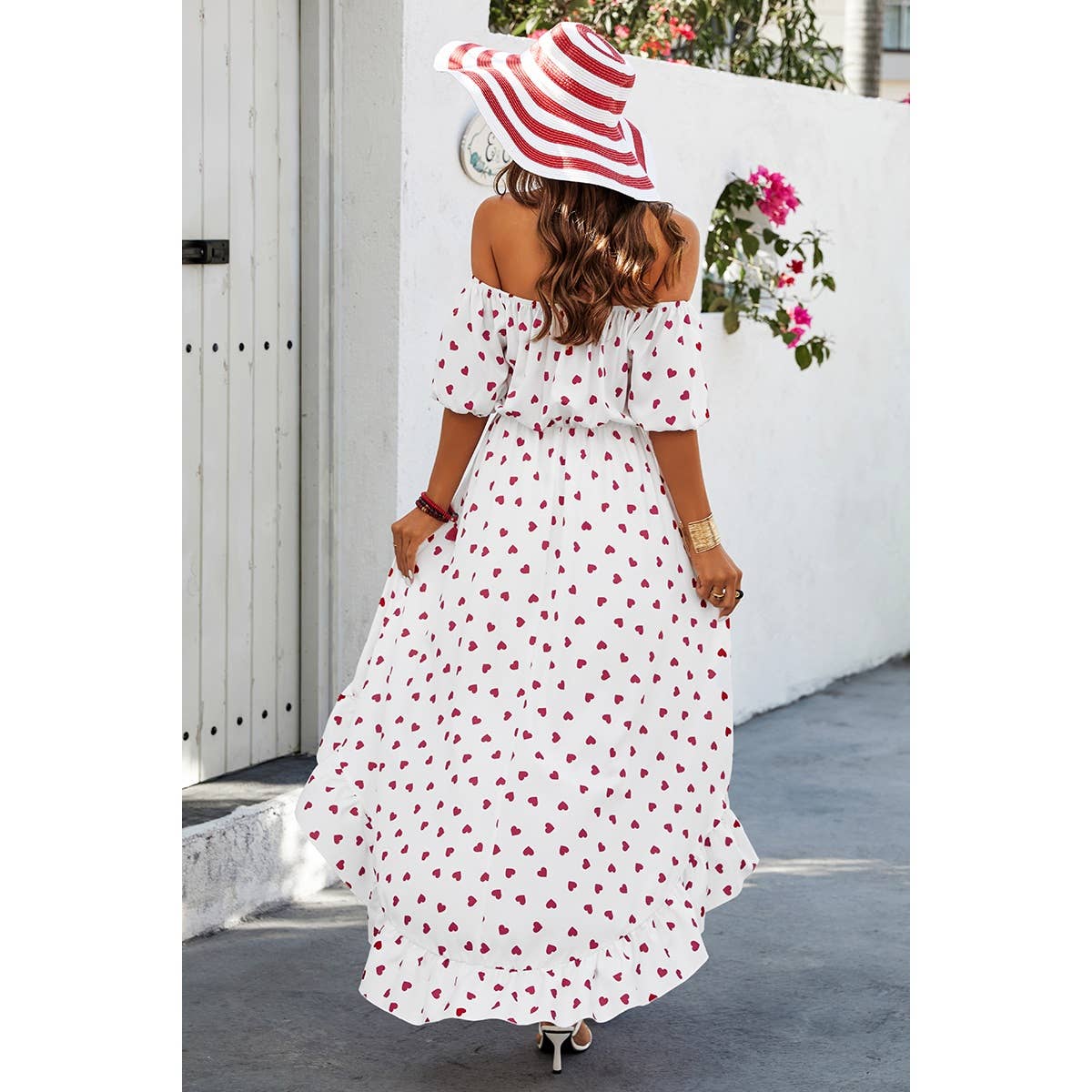 Off Shoulder Heart Print Ruffle Hem Dress - MVTFASHION.COM