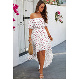 Off Shoulder Heart Print Ruffle Hem Dress - MVTFASHION.COM