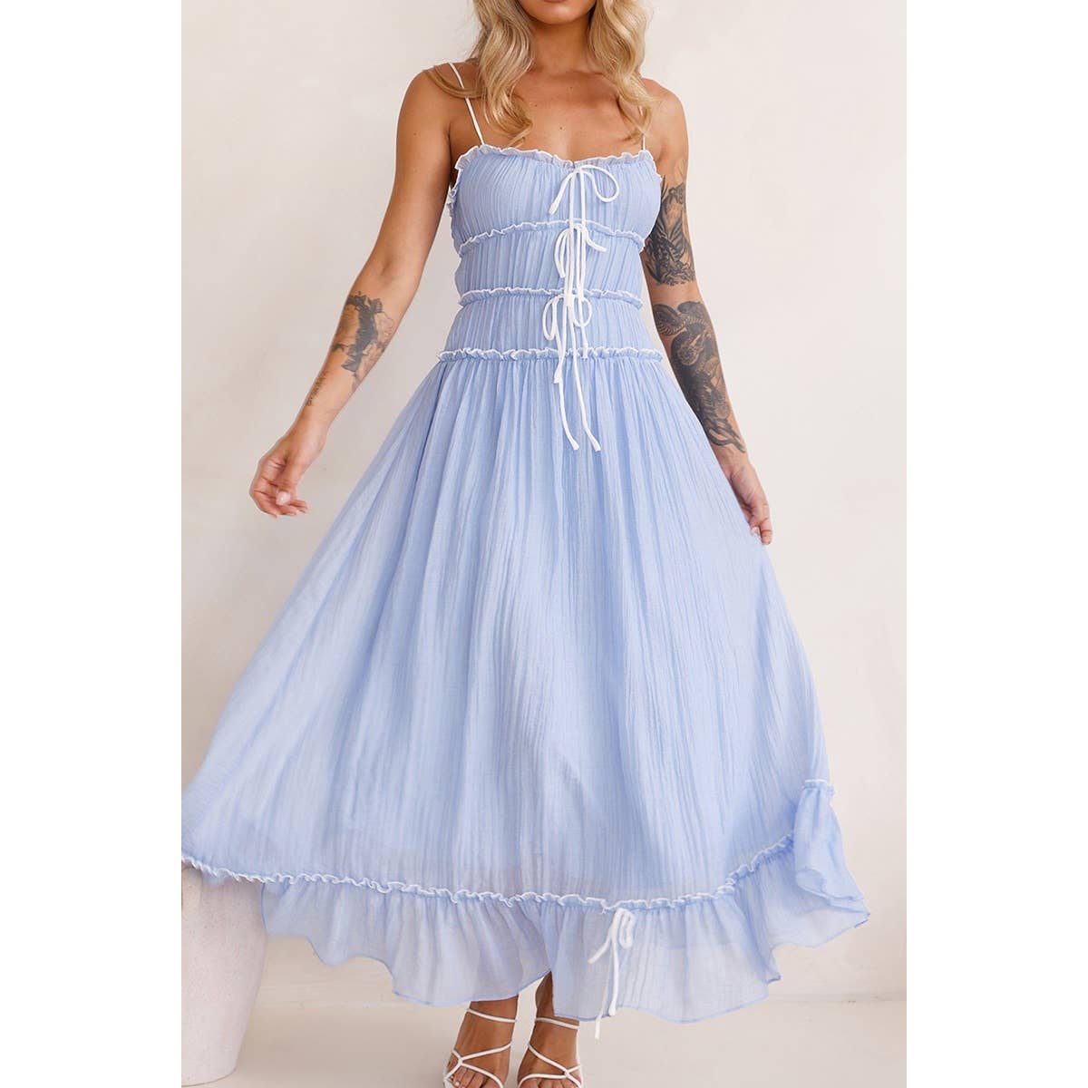 Off Shoulder Knot Pleated Ruffle Hem Dress - MVTFASHION.COM