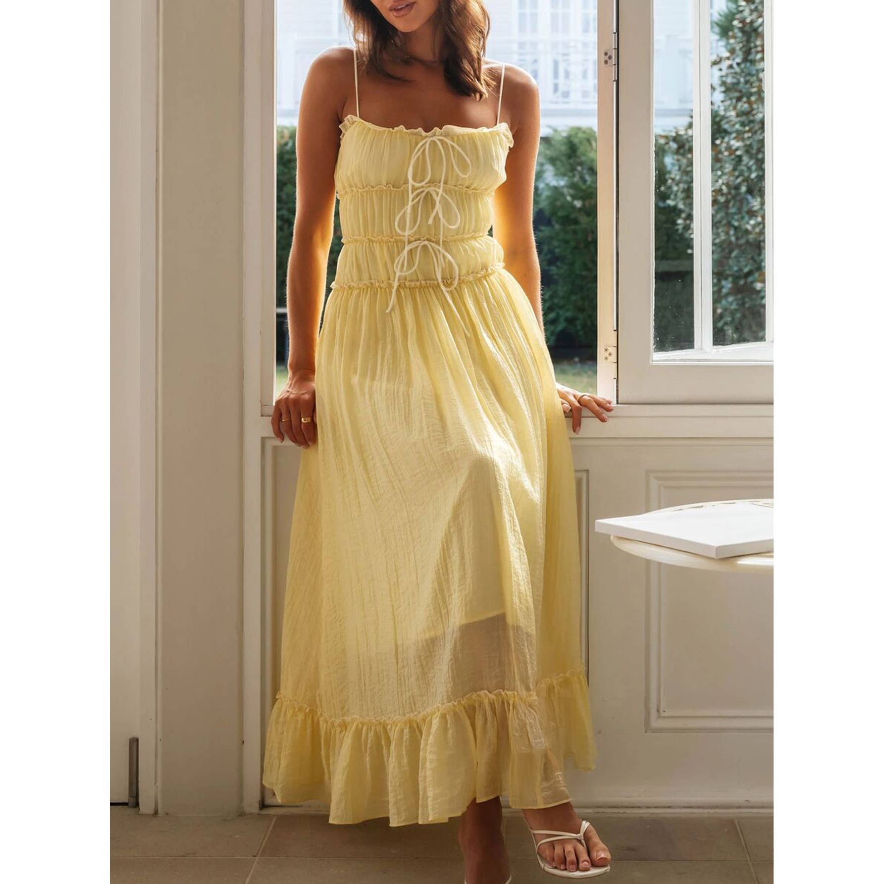 Off Shoulder Knot Pleated Ruffle Hem Dress - MVTFASHION.COM