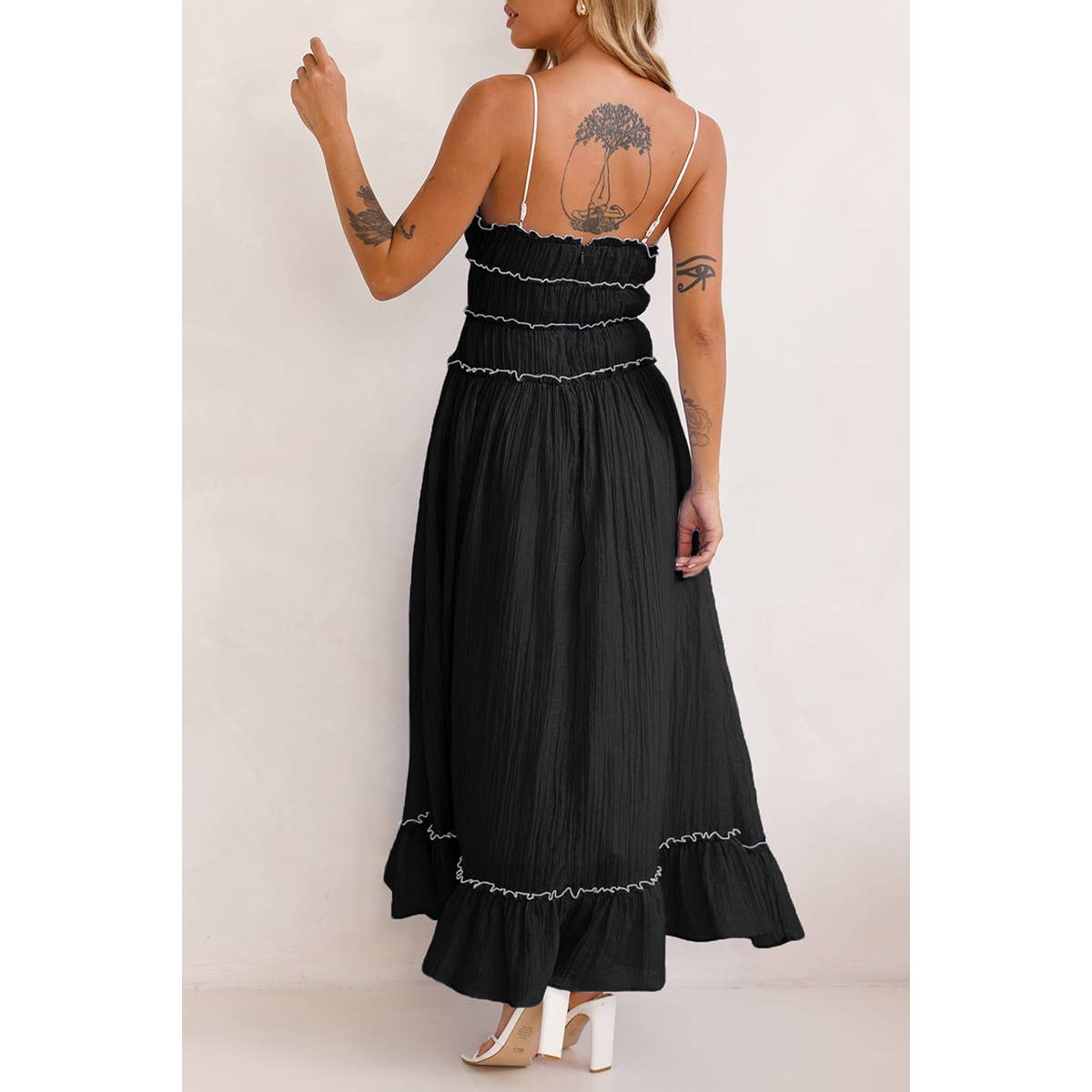 Off Shoulder Knot Pleated Ruffle Hem Dress - MVTFASHION.COM