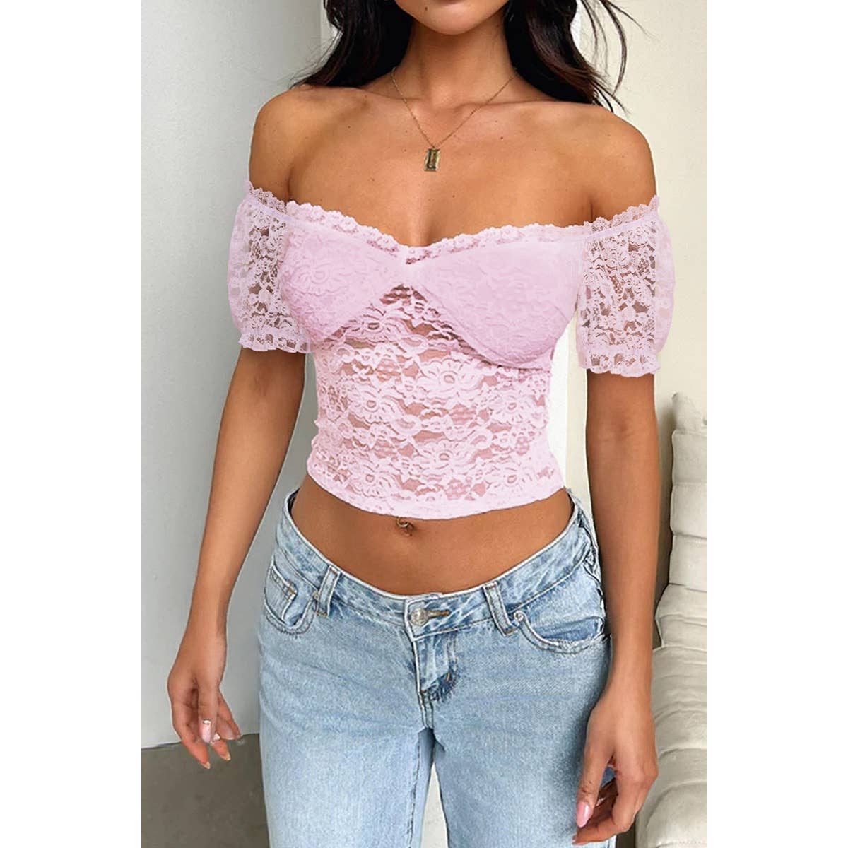 Off Shoulder Lace Solid High Waist Fit Shirt - MVTFASHION.COM