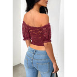 Off Shoulder Lace Solid High Waist Fit Shirt - MVTFASHION.COM