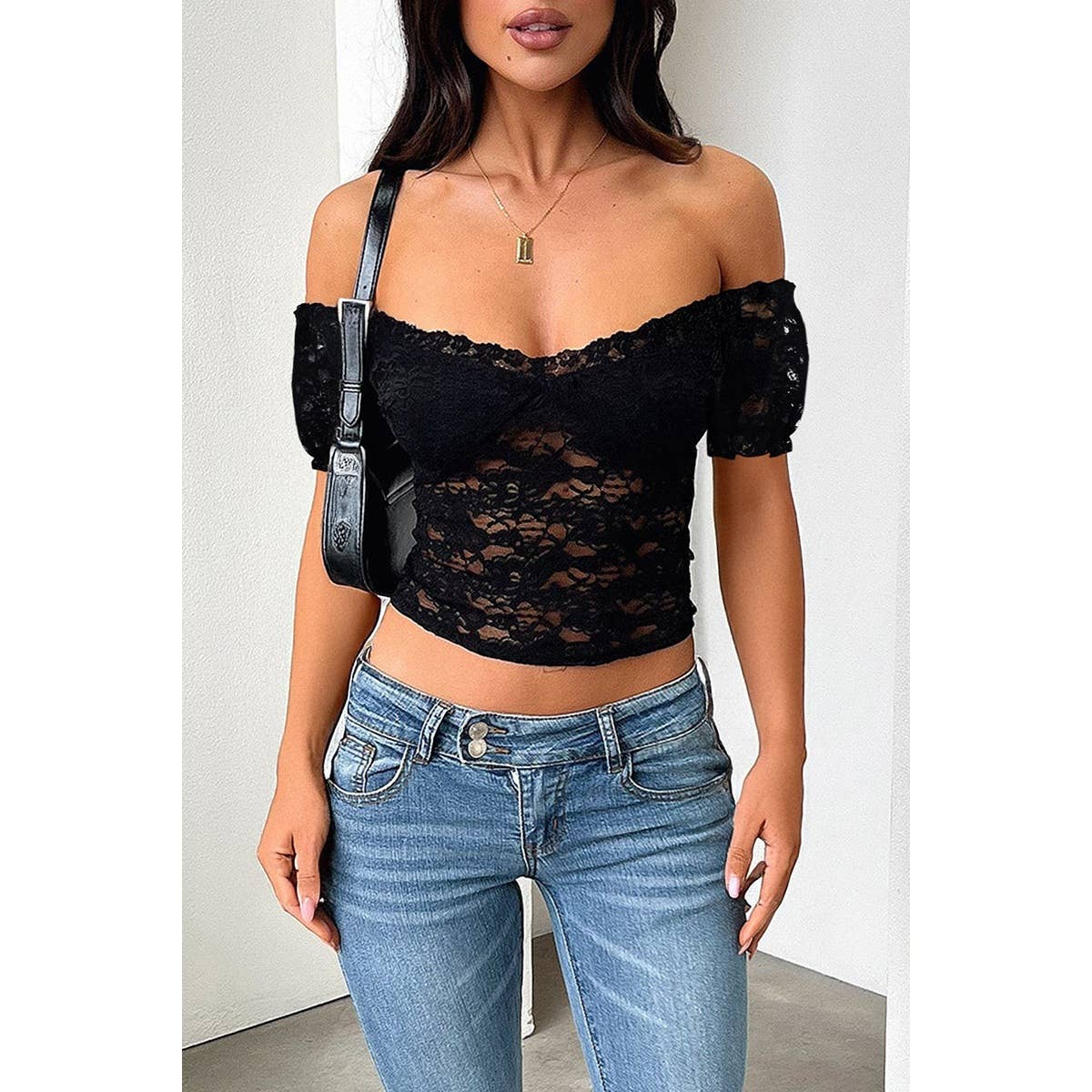 Off Shoulder Lace Solid High Waist Fit Shirt - MVTFASHION.COM