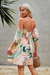 Off Shoulder Low Back Print Ruffle Dress - MVTFASHION.COM