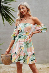 Off Shoulder Low Back Print Ruffle Dress - MVTFASHION.COM