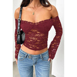 Off Shoulder Mesh Lace Crop Slim Fit Flare Top - MVTFASHION.COM