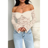 Off Shoulder Mesh Lace Crop Slim Fit Flare Top - MVTFASHION.COM