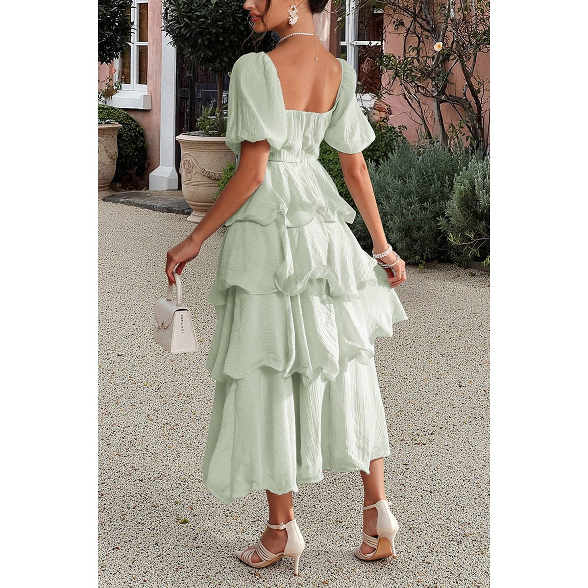 Off Shoulder Puff Short Sleeves Tiered Dress - MVTFASHION.COM
