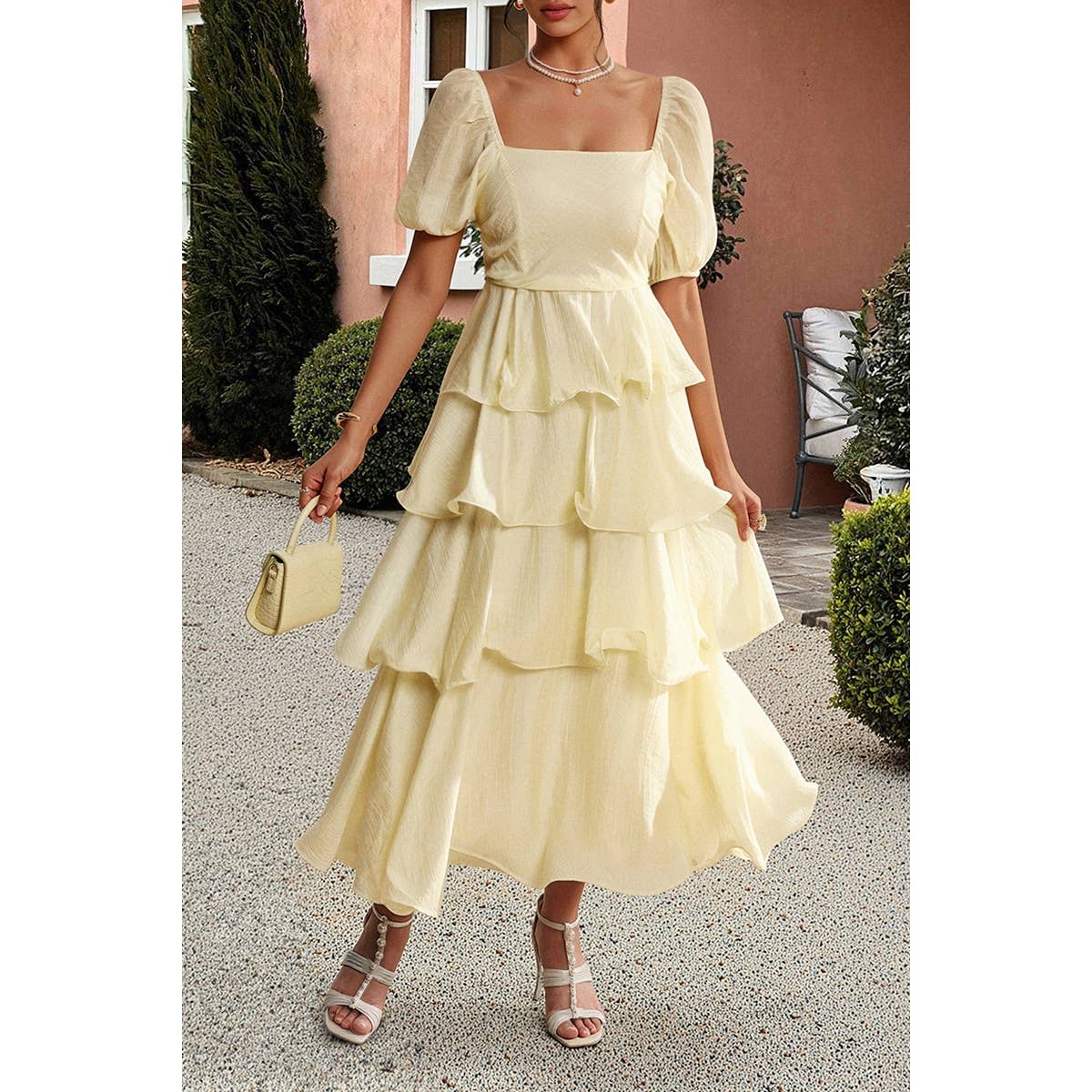 Off Shoulder Puff Short Sleeves Tiered Dress - MVTFASHION.COM