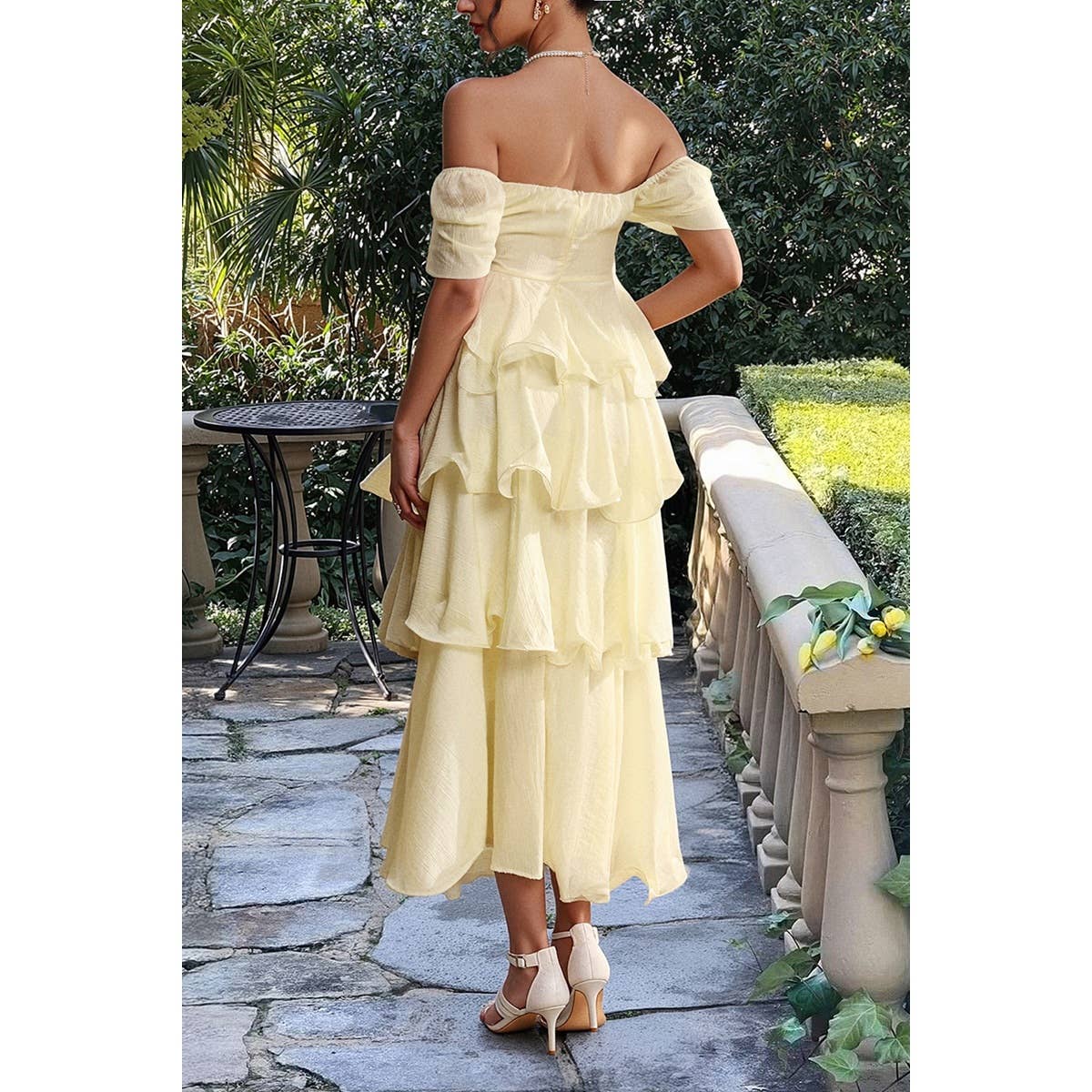 Off Shoulder Puff Short Sleeves Tiered Dress - MVTFASHION.COM