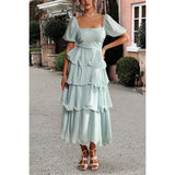 Off Shoulder Puff Short Sleeves Tiered Dress - MVTFASHION.COM