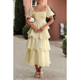 Off Shoulder Puff Short Sleeves Tiered Dress - MVTFASHION.COM