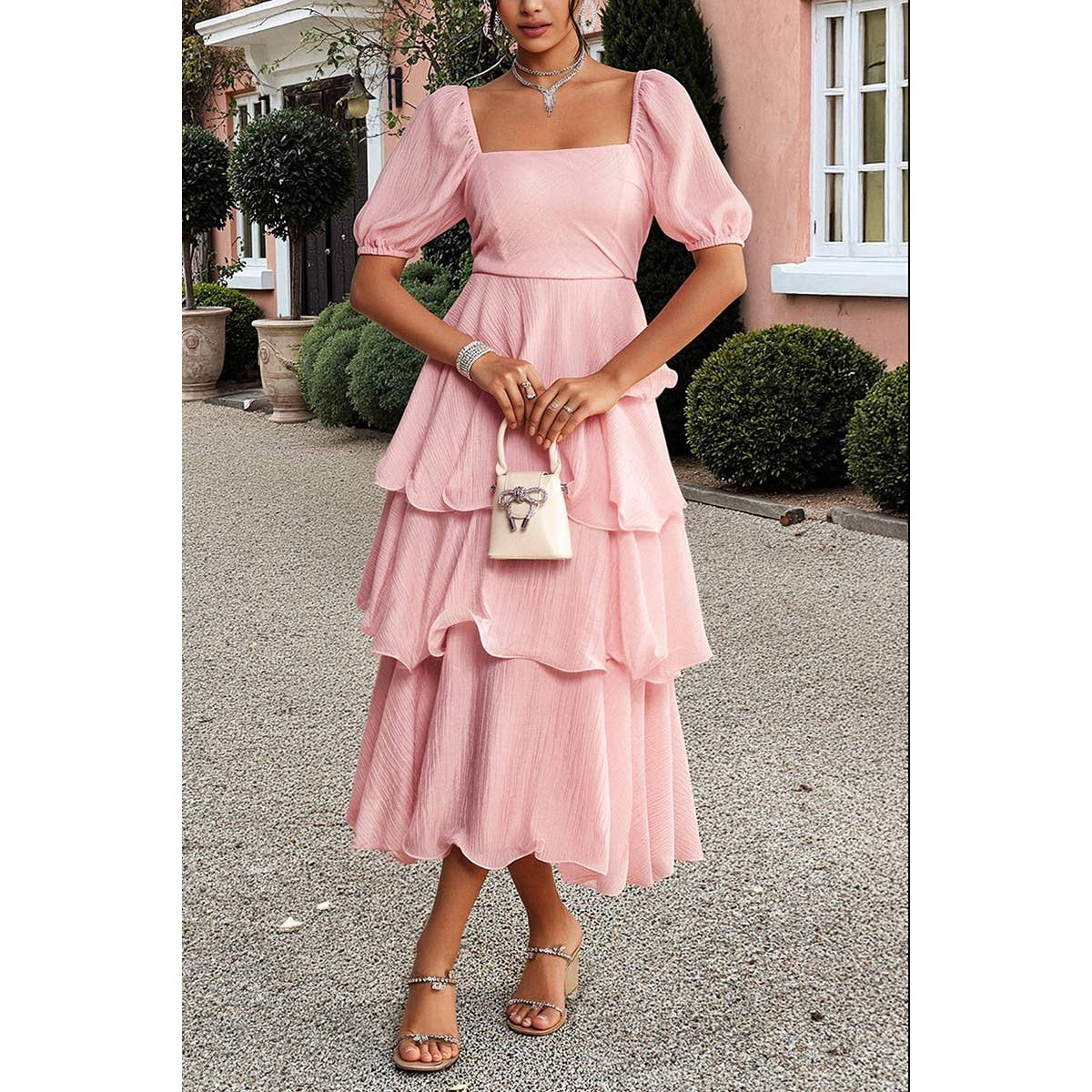 Off Shoulder Puff Short Sleeves Tiered Dress - MVTFASHION.COM