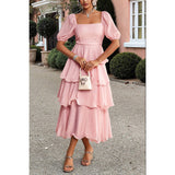 Off Shoulder Puff Short Sleeves Tiered Dress - MVTFASHION.COM