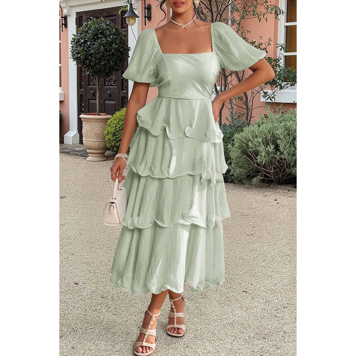 Off Shoulder Puff Short Sleeves Tiered Dress - MVTFASHION.COM